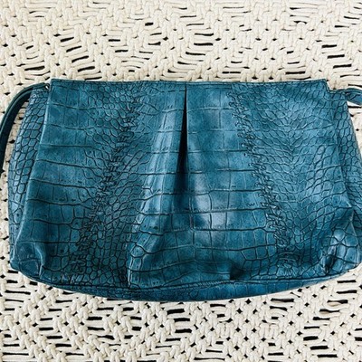 Beautiful Deep Sea Blue Croc Embossed Vegan Leather Zippered Clutch Handbag