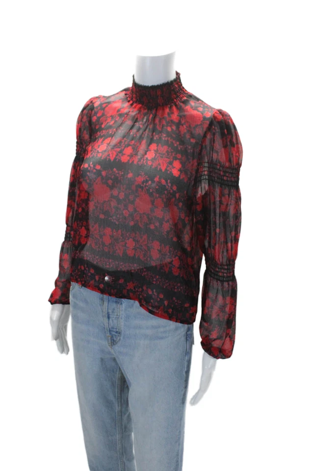 BB Dakota Womens Floral Printed Elastic Mock Neck Floral Blouse Red Size S - Image 2 of 4