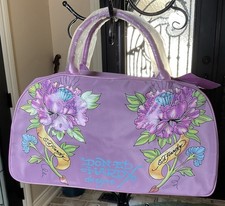 Y2K Ed Hardy x Christian Audigier Tote Bag Duffle Lilac Tattoo Floral Graphic