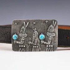 NATIVE AMERICAN NAVAJO STERLING SILVER & TURQUOISE YEI BUCKLE BY LEE BEGAY