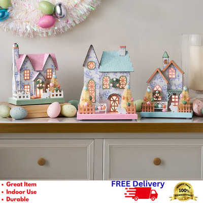 Set of 3 Pre-Lit Paper Easter Village Houses LED Lighted Pastel Spring Home Deco