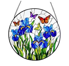 Stained Glass Window Hanging Flower Suncatcher, 10 Inch Round Glass Sun Iris