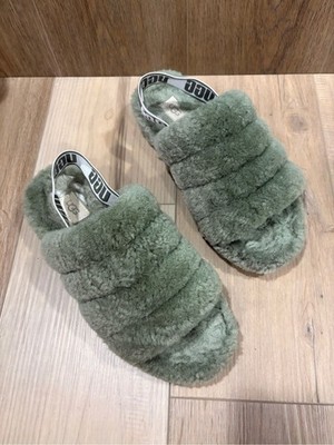 UGG Fluff Yeah Slide Plush Shearling Slingback Sandals Burnt Olive Sage Green 8