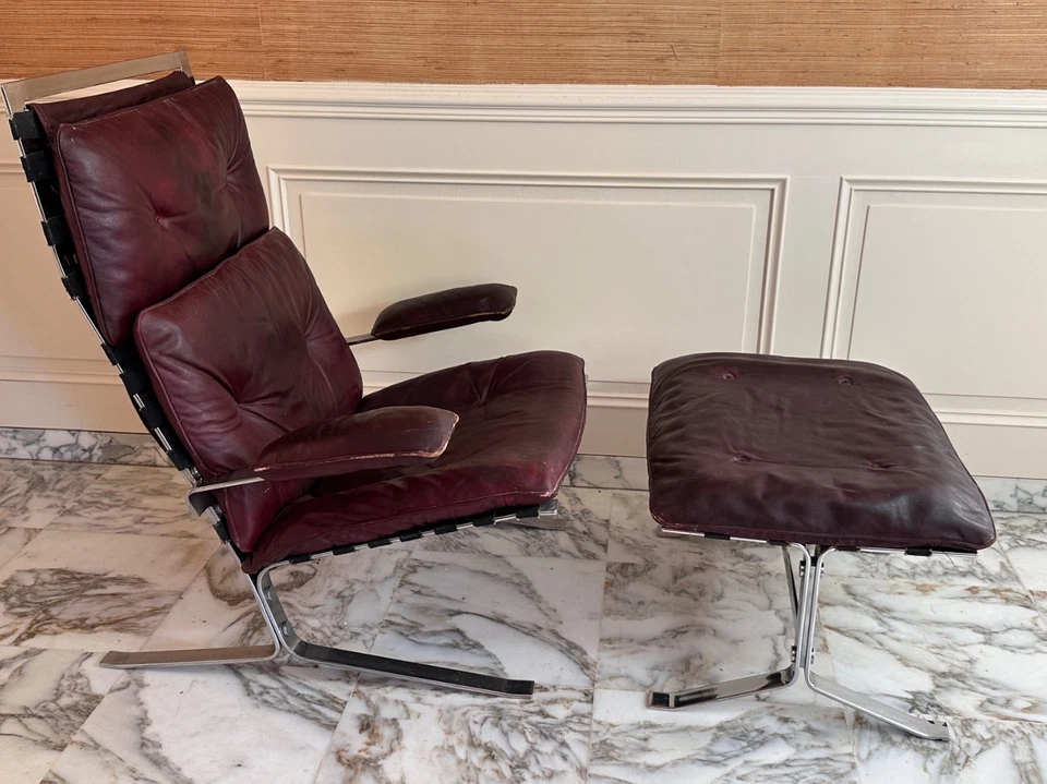 Grand fauteuil Moderne OLIVIER MOURGUE AIRBORNE 1960 Design  Vintage Cuir rouge - Photo 2/4