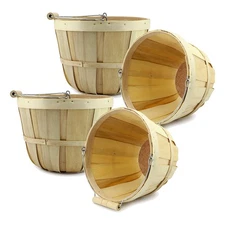 Round Wooden Baskets 4pk, Natural; Wood Apple Fruit Buckets w/ Handle
