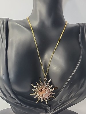 Sun Moon Necklace Gold Tone Celestial Face Pendant Boho Astrology Two Tone