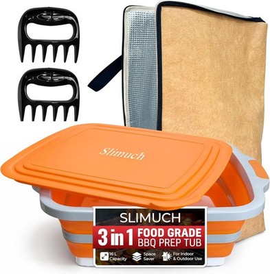 BPA-Free XL Collapsible BBQ Prep Tub & Meat Resting Bag Kit Shredder Claws 3in1
