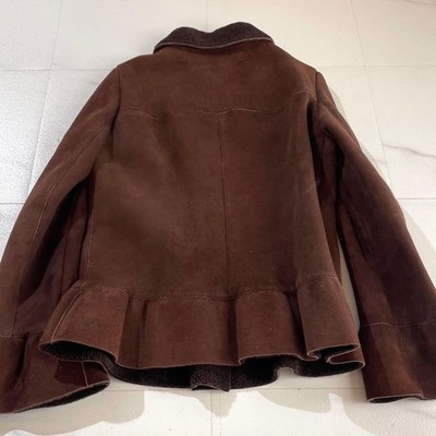 Rare MIU MIU Archive Shearling Mouton Jacket Ruffle Trim Brown