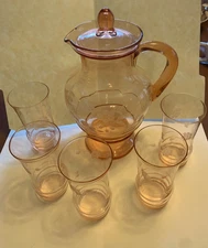 Etched Vintage Pink Depression Glass Rings Pitcher w/Lid & 5 Flared Glasses Set