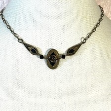 Victorian Revival Necklace Brass Rose Black Enamel Gothic Look Choker 15  