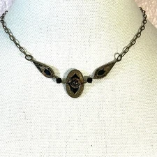 Victorian Revival Necklace Brass Rose Black Enamel Gothic Look Choker 15”