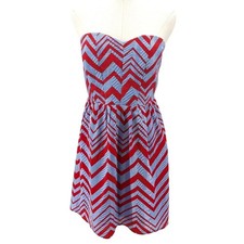 Chevron Strapless Sundress Red Blue Smocked Back Mini Dress Pink Owl M