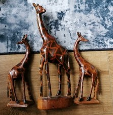 Set Of 3 Vintage African Hand Carved Giraffes 12" And 2 X 8" Great Condition