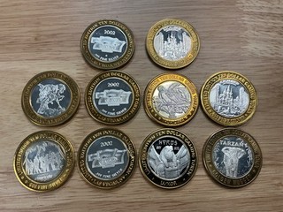 10 Coin Lot of 10 Ten Dollar Las Vegas Casino Gaming Tokens 999 Silver Lot B