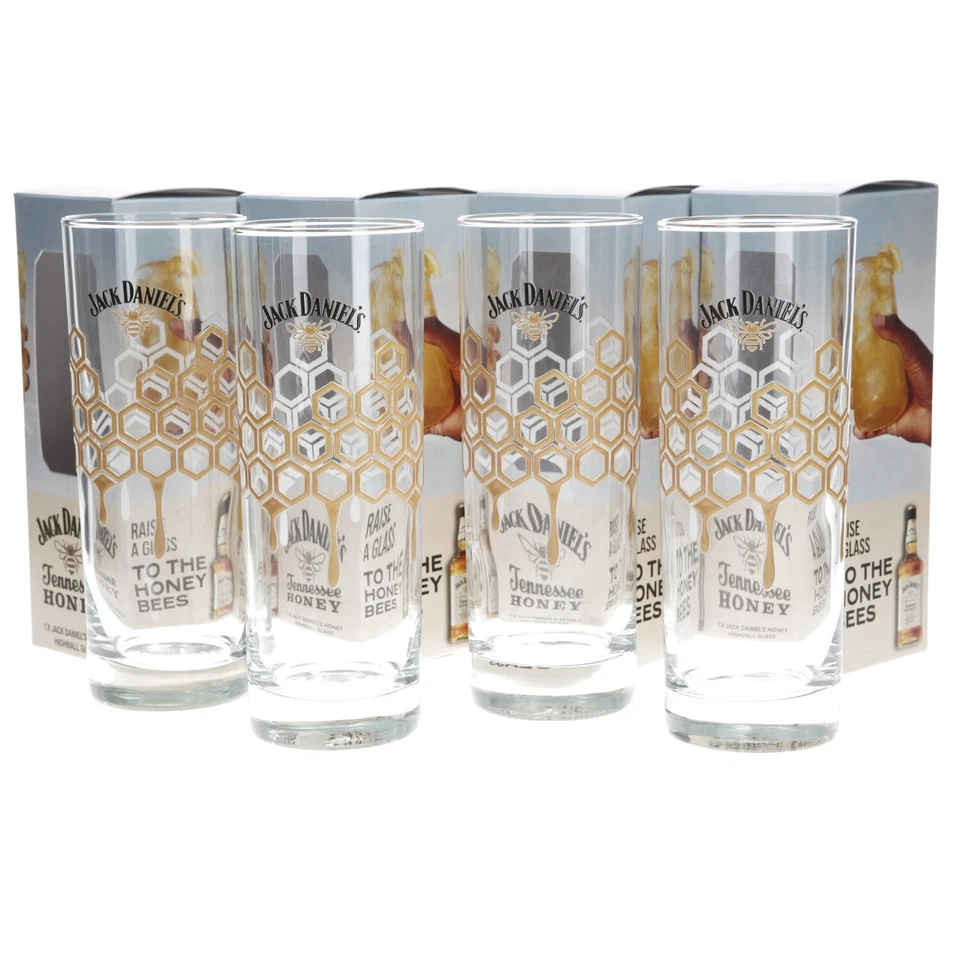 JD Honey Glasses Tall Slim Honeycomb Print set of 4 170mm Tall Collectables bar - Image 3 of 4