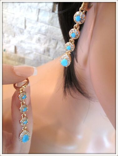 Pear Cut Simulated Blue Turquoise Pretty Drop Earrings In 14k Yellow Gold Plated - Picture 2 of 10