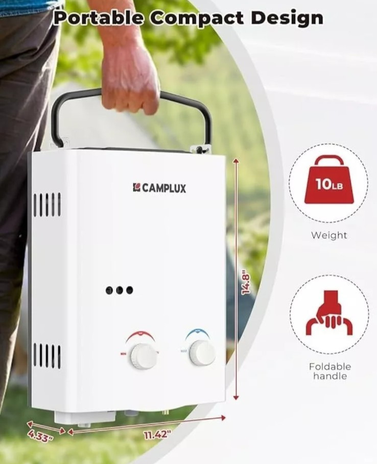 CAMPLUX Tankless Gas Camping Water Heater 5L, 1.32 GPM, Propane AY132 White NWOB