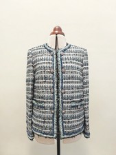 Handmade Tweed Boucle Multi Cyan Blue Jacket With Diamond Button Size L