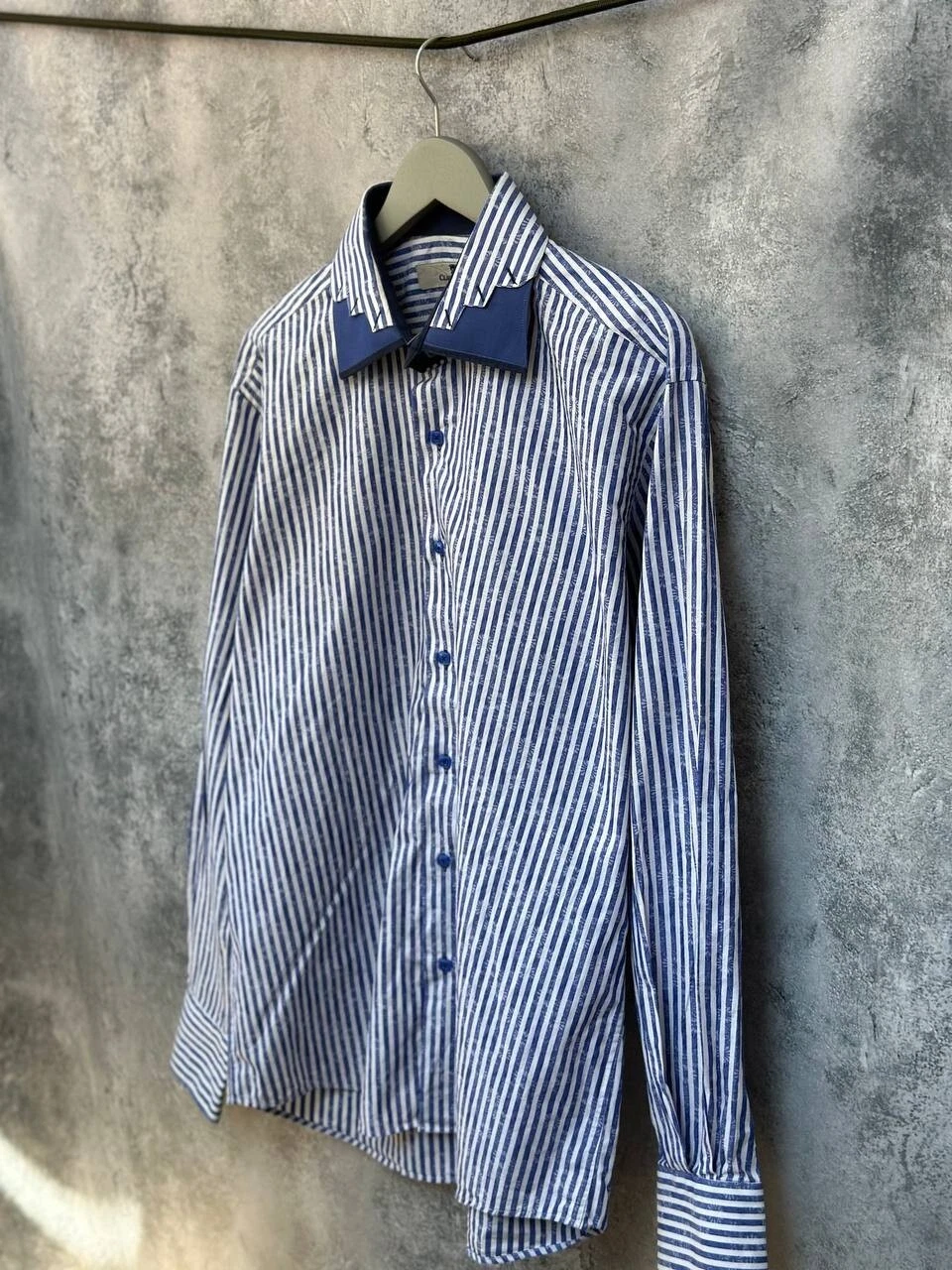 Claudio Lugli Italy Blue/White Striped Floral Art Shirt Button Up Men's Size XL
