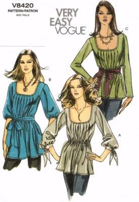 Vogue Designer Sewing Pattern Misses' Tunic Tops Shirts Sash Low Cut  Easy Sew
