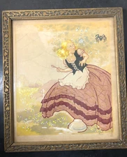 Victorian Little Miss Muffet Original Gouache Watercolor - Framed