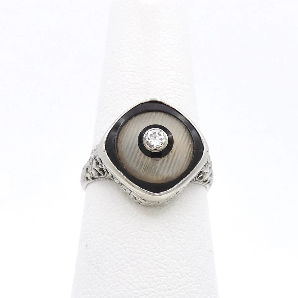 Art Deco 14k Gold Filigree Setting Ring Camphor Glass Black Onyx Natural Diamond - Image 2 of 4