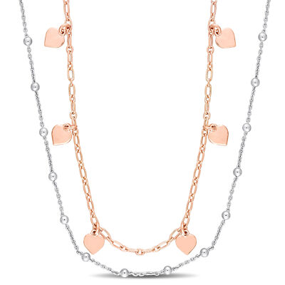 Amour Two-Tone Rose White Silver Heart/ Ball Double Strand Necklace - 19.5 in.