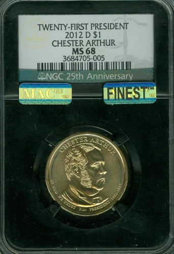2012 D CHESTER ARTHUR PRES. DOLLAR NGC RETRO MS68 MAC FINEST MAC SPOTLESS *