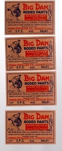 LOT OF 4 VINTAGE 1940'S BIG DAM RODEO PANTS LABELS DEMIN LEVI'S WRANGLER