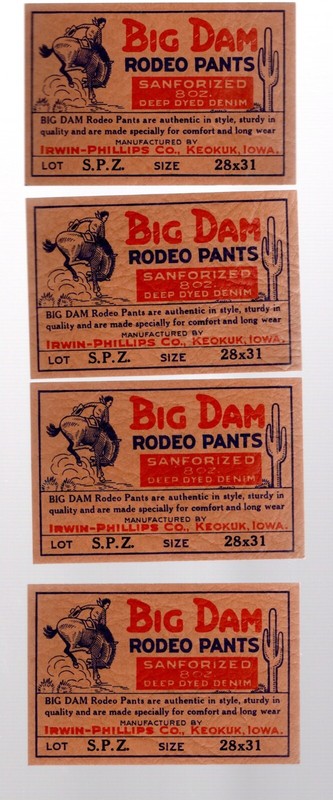 LOT OF 4 VINTAGE 1940'S BIG DAM RODEO PANTS LABELS DEMIN LEVI'S WRANGLER