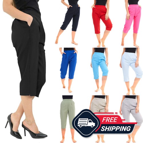 Ladies Womens Half Elasticated Waist 3/4 Three Quarter Cropped Trousers UK 8-24 - 第 1/59 張圖片