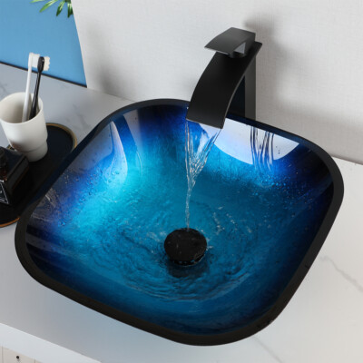 Bathroom Square Sink Bowl Basin Artistic Tempered Glass Vessel Faucet Combo Set