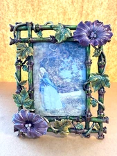 Picture Frame - Vintage Enamel Victorian Floral Style Accented w/Crystals Purple
