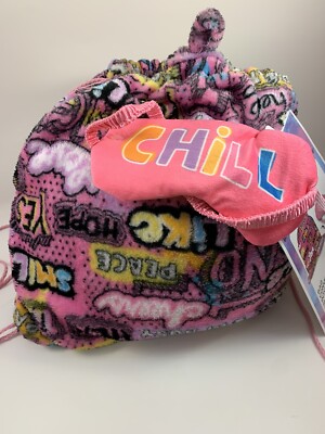 Kids Sleepover Slumber Party 50 x 60 Blanket Cinch Bag w Word Pattern, Eye Mask 