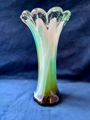 Vintage Hand Blown Art Glass Swung Vase Murano feel - Green/White Swirl