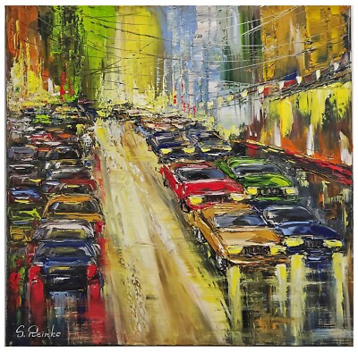 Selbstgemaltes Ölbild 60x60x4 cm Rush Hour Abstraktes Bild Autolichter der Stadt