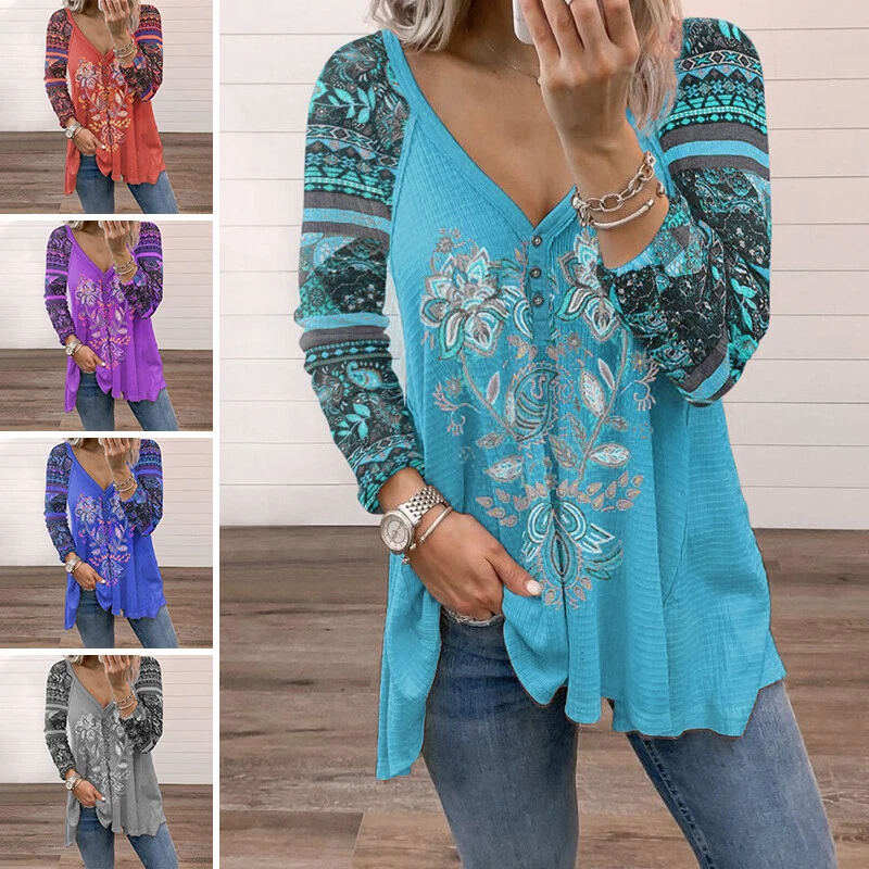 Plus Size Women's V-Neck Boho Tops T-Shirt Ladies Long Sleeve Casual Blouse  Tee