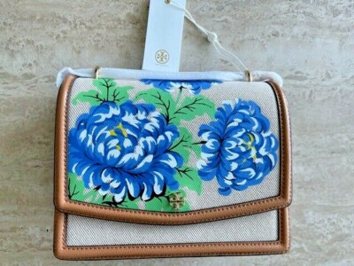 Tory Burch Emerson Ditsy Floral Convertible Blue Linen Gold Shoulder Bag  NEW