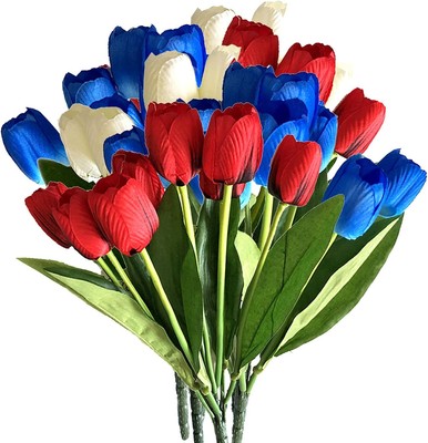 Artificial tulip flowers 6 bunches 54 heads, plastic greenery (red, white, blue)