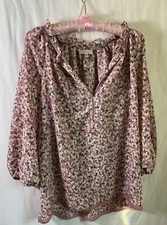 Max Studio PINK Floral Balloon-Sleeve Peasant BOHO V-Neck Blouse Top Sz M
