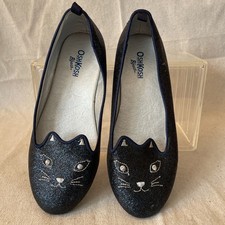 Osh Kosh Ballet Flats Girls Size 2 Navy Glitter Silver Embroidery Cute Kitty Cat