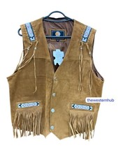 Men's Western Brown Cowboy Suede Leather Vest Native American Beaded Fringe Vest