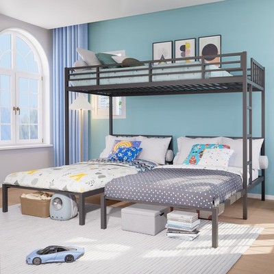 Triple Bunk Bed for Kids, Metal, Black, Separates into 3 Twin Beds