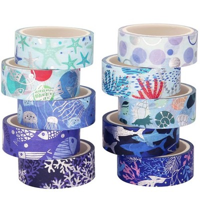 YUBX Ocean Blue Washi Tape Set 10 Rolls Silver Foil Print Decorative Masking ...