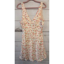 Zara Womens Cherry Print V-Neck Satin Mini Dress Cream Red XL