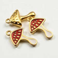 Gold Mushroom Charms: 3-Pack Red Enamel Pendants, Cottagecore Fairy Jewelry