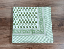 Floral Ridhi Block Print Tablecloth Green Olive Sage Stripe Square 60" Boho NEW