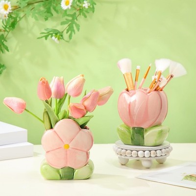 2 Pcs Pink Flower Ceramic Pen Holder Cute Tulip Pencil Holder Aesthetic Flowe...