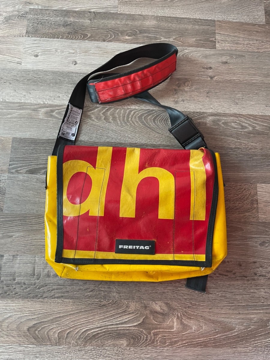 Freitag F12 DRAGNET Messenger Bag Yellow Red Recycled Truck Tarp