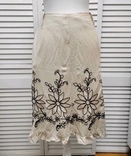 Cream Skirt Brown Embroidered Flowers - No Tags or size - See Measurements Below